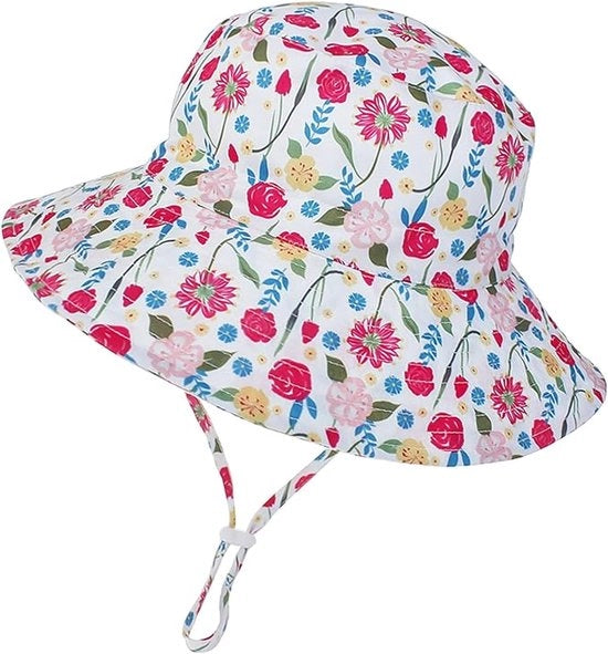 Cappello da sole per bambine, cappello a cappello, stile estivo, bordo regolabile ampio, protezione UV UPF 50+, adatto per vacanze, viaggi e attività all'aperto, disegno a fiori di rosa.