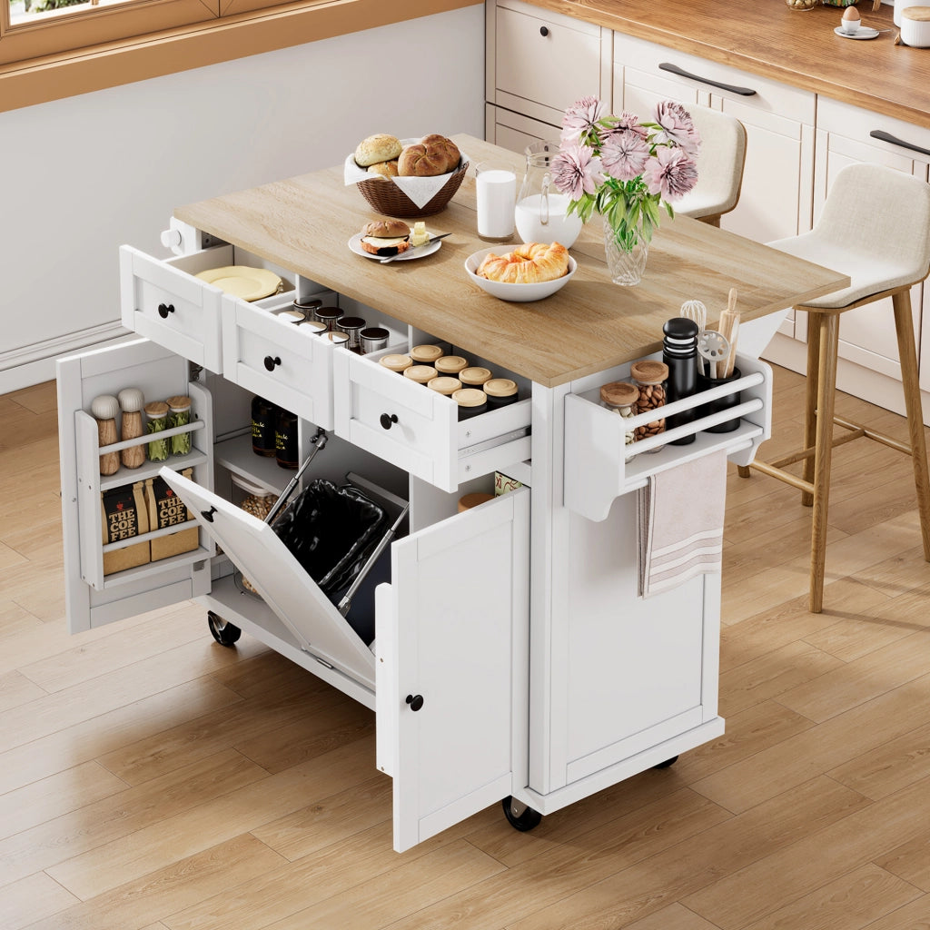 Isola da Cucina con Cassetti; Piano Estensibile; Vano per Rifiuti e Portasciugamani; Bianco e Naturale