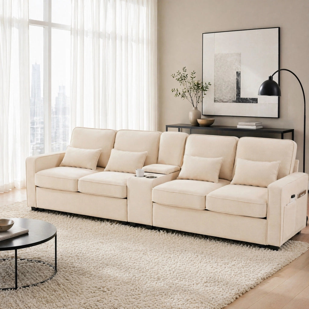 SOFA 4 POSTI CON USB, PORTABICCHIERI, TASCA BRACCIOLI E 4 CUSCINI 290x83x88 cm BEIGE