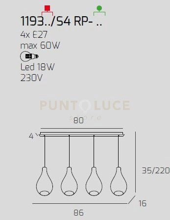 SOSP. BIANCO 4 LUCI RETTANGOLARE VETRI PICCOLI FUME' 1193BI-S4 RP-FU