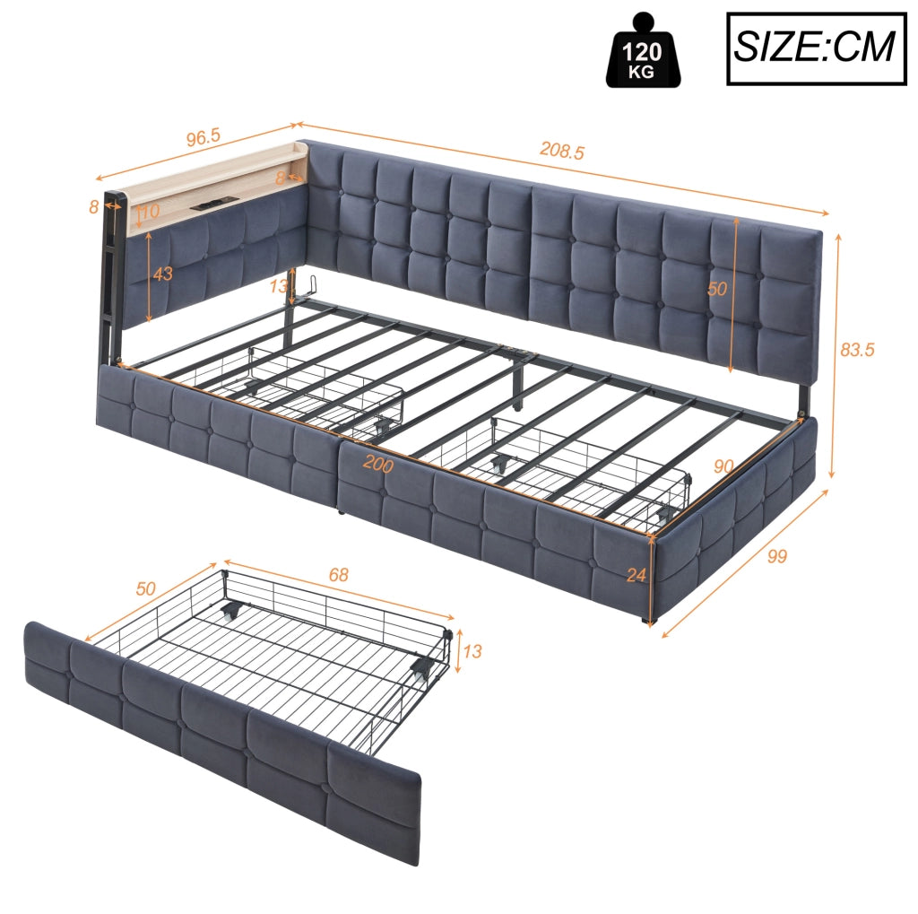 Divano letto imbottito 90x200 cm con 2 cassetti; LED e prese USB/Type-C; tessuto grigio