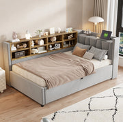 Letto imbottito 90x200 cm in velluto grigio con testiera; luce notturna; USB e Type-C