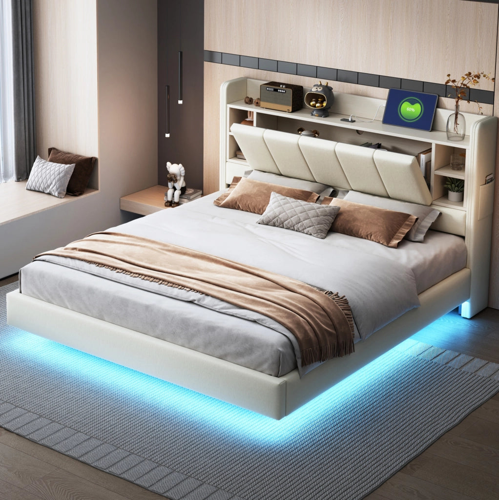 Letto imbottito 160x200 cm con LED; USB e vani portaoggetti in lino beige
