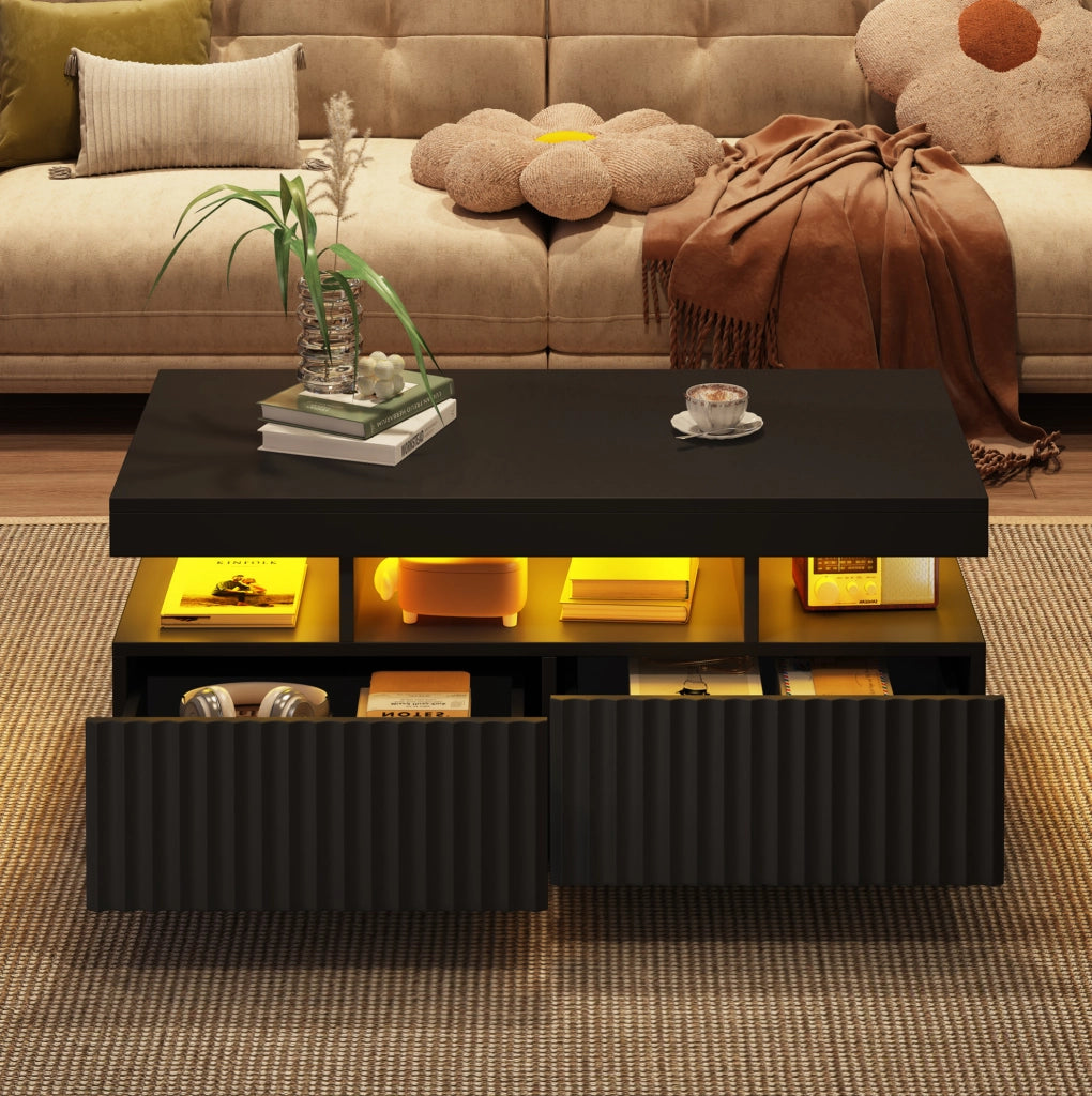 Tavolino da caffè 100 x 50 x 45 cm con 2 cassetti; LED e finitura nera in truciolare