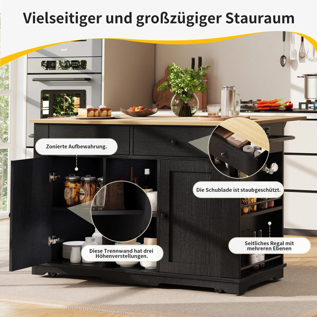 Carrello da Cucina con 2 Cassetti e 6 Scomparti; Prese e Piano Pieghevole; per Cucina; Nero e Naturale