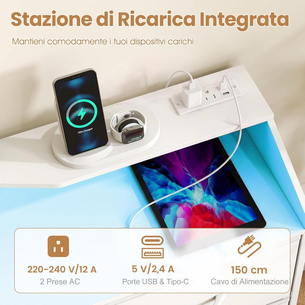 Cassettiera Camera da Letto, Comò con 9 Cassetti in Tessuto, Stazione di Ricarica e Luci LED, Struttura in Metallo, Armadietto per Ingresso e Soggiorno, 127 x 29 x 84 cm, Bianco
