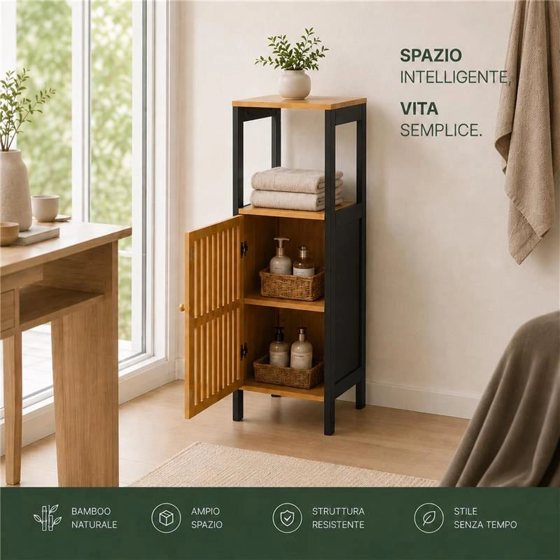MOBILE DA BAGNO IN LEGNO CON ANTA E RIPIANO IN BAMBOO - COLORE NERO DIMENSIONI 32X30X91 CM
