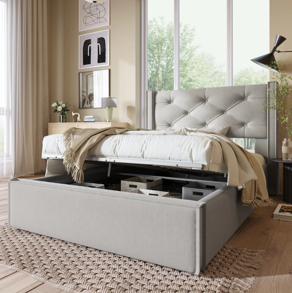 Letto singolo imbottito 90x200 cm con contenitore e rete sollevabile; grigio chiaro
