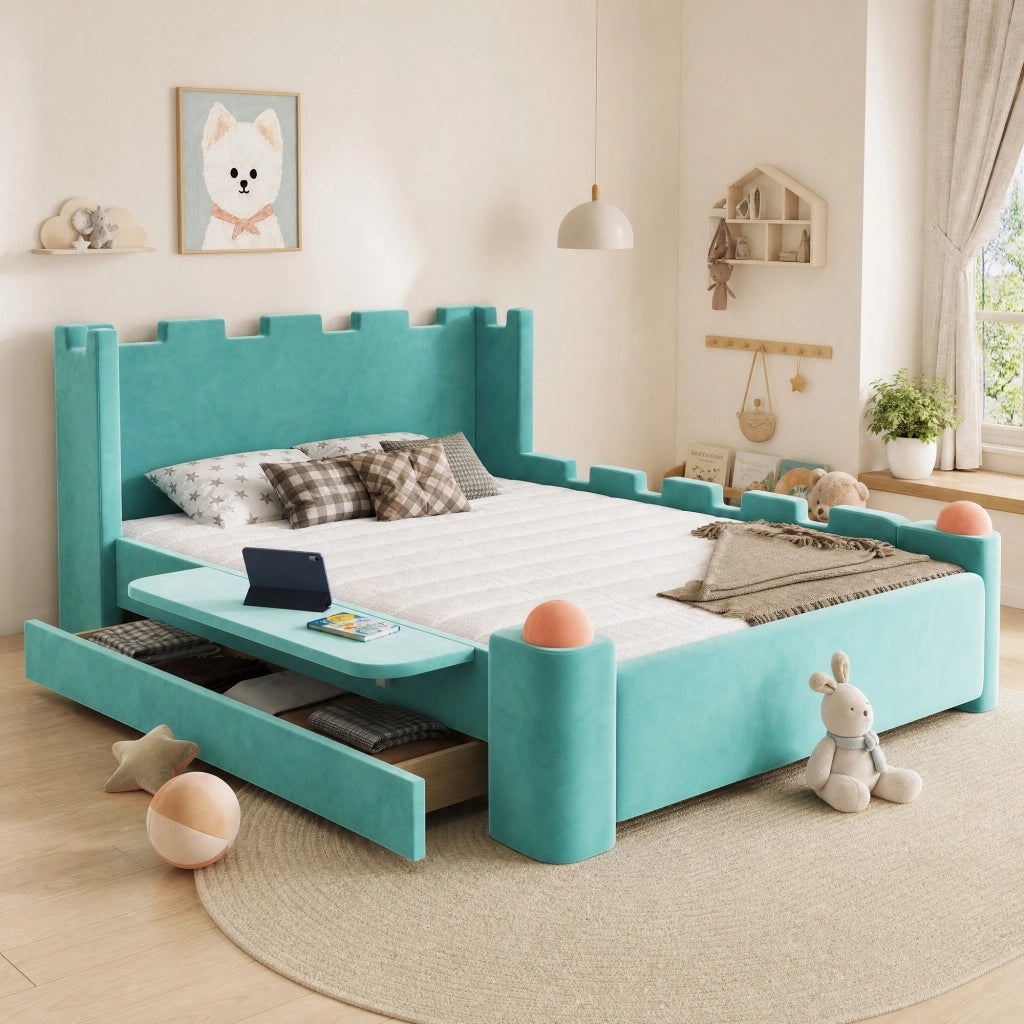 Letto imbottito per bambini 140x200 cm con cassetto, blu-verde