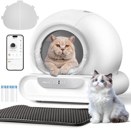 Cassetta Automatica per Gatti, 65L, Cassetta Automatica per Gatti con Funzione Antiderrito, Sicura, Regolazione con App, Cassetta Elettrica XXL con Sacchi e Panno per Gatti Multipli, Bianca