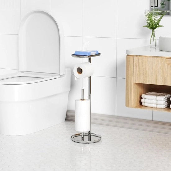 Supporto per WC Indipendente con Scomparto Superiore - Supporto per Cartucce WC - Dispensatore per Cartucce WC a Pavimento - Rifornimento 4 Cartucce di Riserva