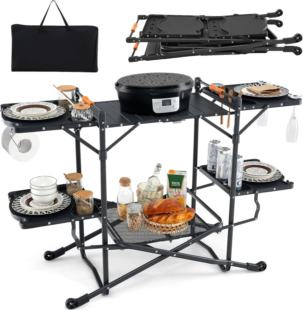 Tavolo da Giardino Pieghevole, Tavolo da Pranzo Portatile con 4 Tavoli Laterali, Mensola Portaoggetti, Borsa, Piano in Alluminio, Tavolo da Esterno Rettangolare da Picnic, BBQ, Patio, Nero