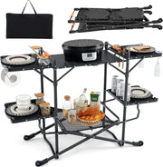 Tavolo da Giardino Pieghevole, Tavolo da Pranzo Portatile con 4 Tavoli Laterali, Mensola Portaoggetti, Borsa, Piano in Alluminio, Tavolo da Esterno Rettangolare da Picnic, BBQ, Patio, Nero