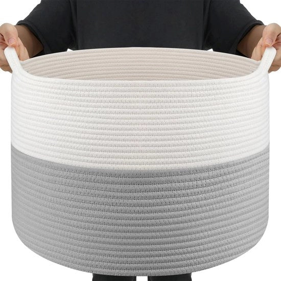Cestino di stoccaggio grande per salotto, asse da stiro in cotone, cesto per giocattoli con maniglie, cesto per coperte, cuscini, peluche, abbigliamento, 50x33 cm, bianco grigio