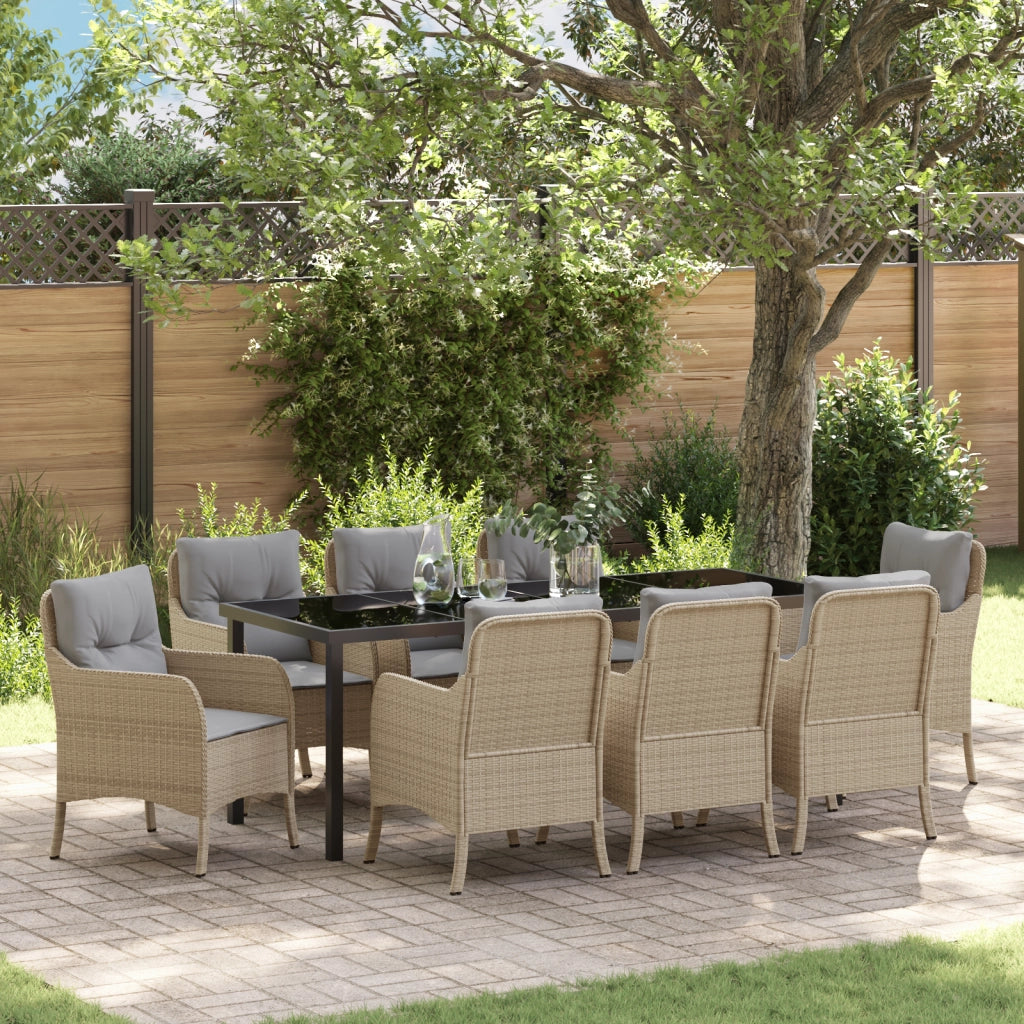 Set di Pranzo da Giardino 9 Pezzi con Cuscini Beige Polyrattan