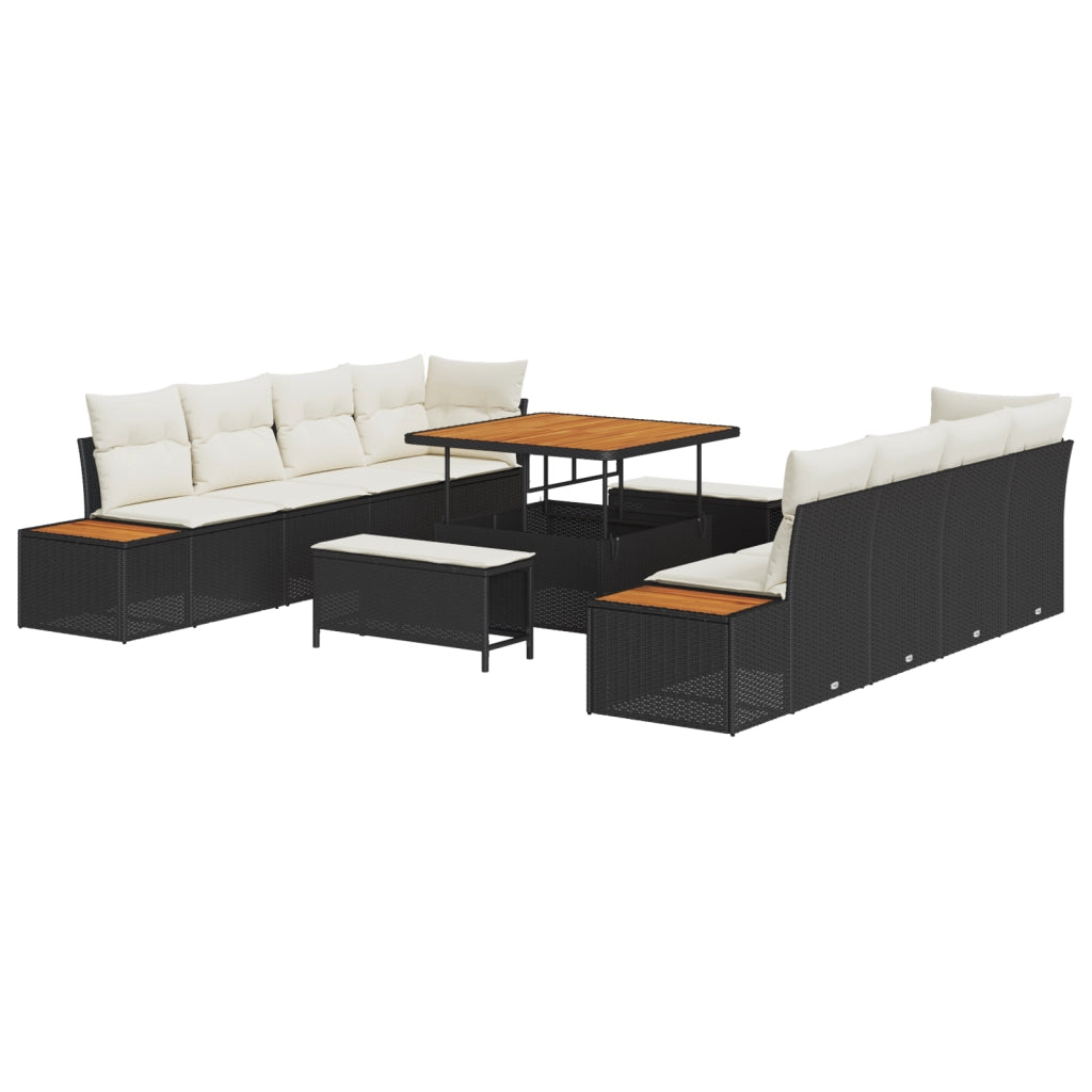 Set da giardino 11 pezzi con cuscini neri in polyrattan e acacia