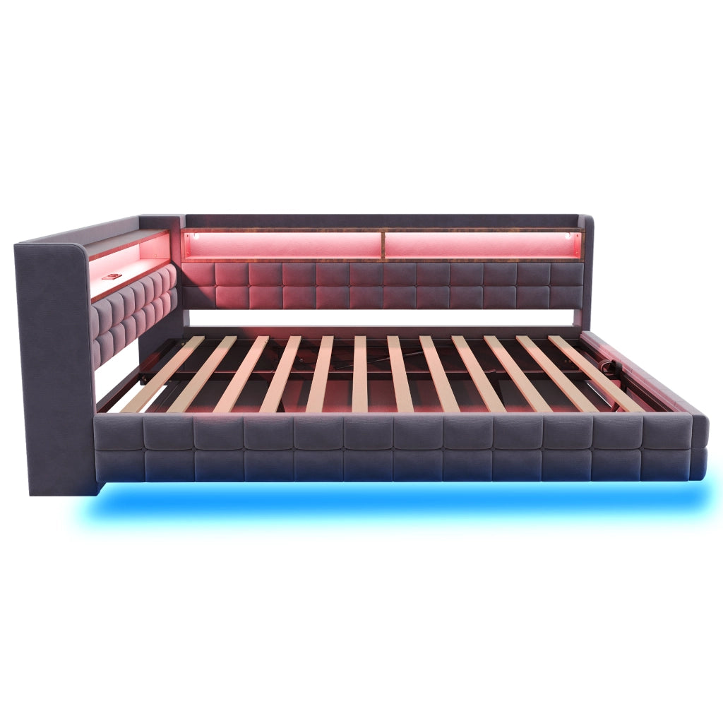 OKWISH Letto con Contenitore 140×200 cm, Letto Matrimoniale con LED, USB, Tipo C e Mensole, senza Materasso, Imbottito, Grigio