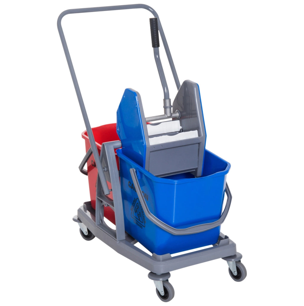 Carrello per pulizia con due secchi, strizzatore e quattro ruote