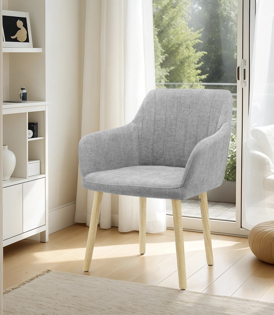 Poltroncina Stile Scandinavo in Tessuto Beige con Gambe in Legno Naturale – Sedia Imbottita Moderna per Soggiorno, Sala da Pranzo o Camera da Letto – Design Nordico Elegante e Confortevole Grigio