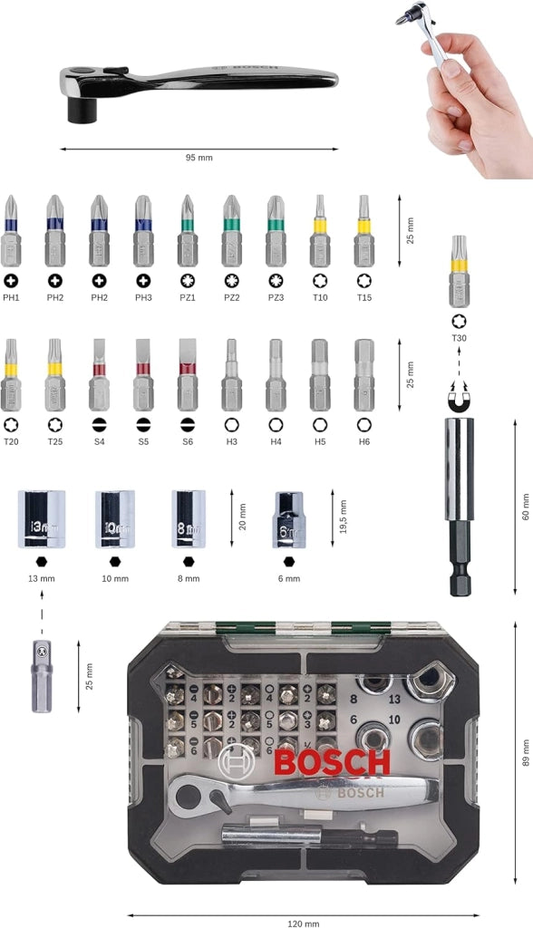 Set Avvitamento Rainbow Evo 26 Pezzi con Cricchetto Bussole e Bit Magnetici Codificati a Colori Bosch