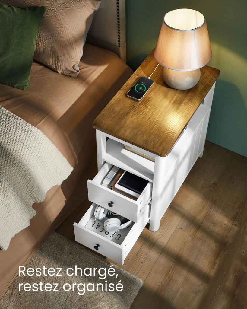 Tavolino laterale con multipresa comodino con 2 cassetti tavolino da caffè piccolo 60 x 35 x 60 cm con ripiano portaoggetti per piccoli spazi bianco 12_0007553