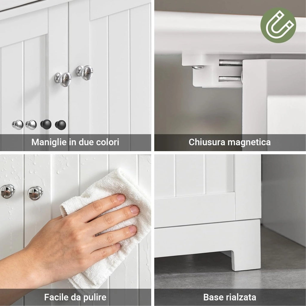 Mobile Bagno Sottolavabo – Mobiletto Bagno Salvaspazio con Ante e Ripiano Regolabile – Mobile sotto Lavabo da Bagno in MDF, Bianco, 60x60x29cm, BZR18-W