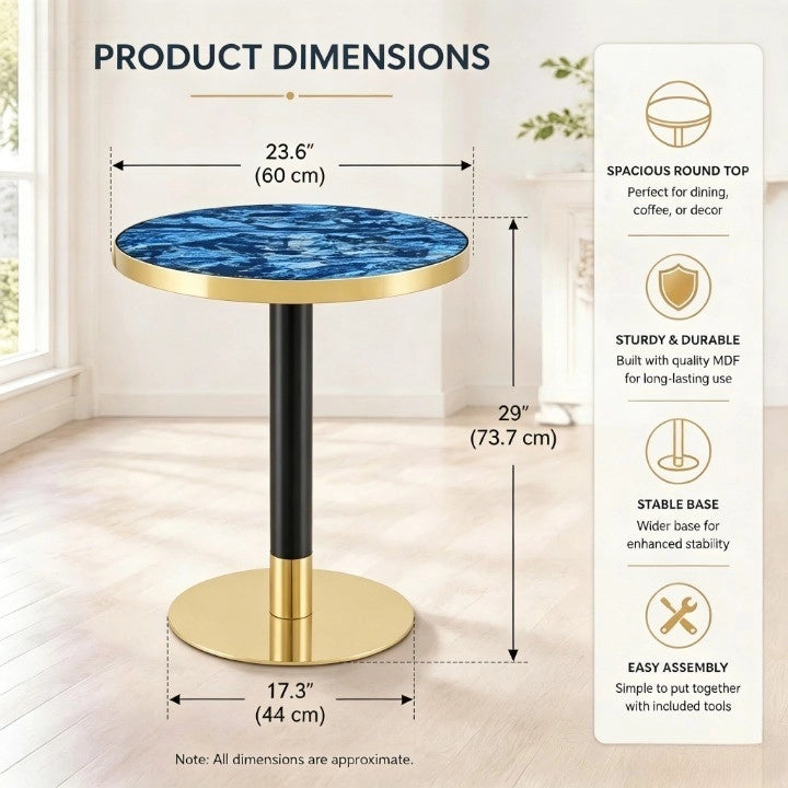 Tavolino rotondo blu effetto marmo con struttura in metallo