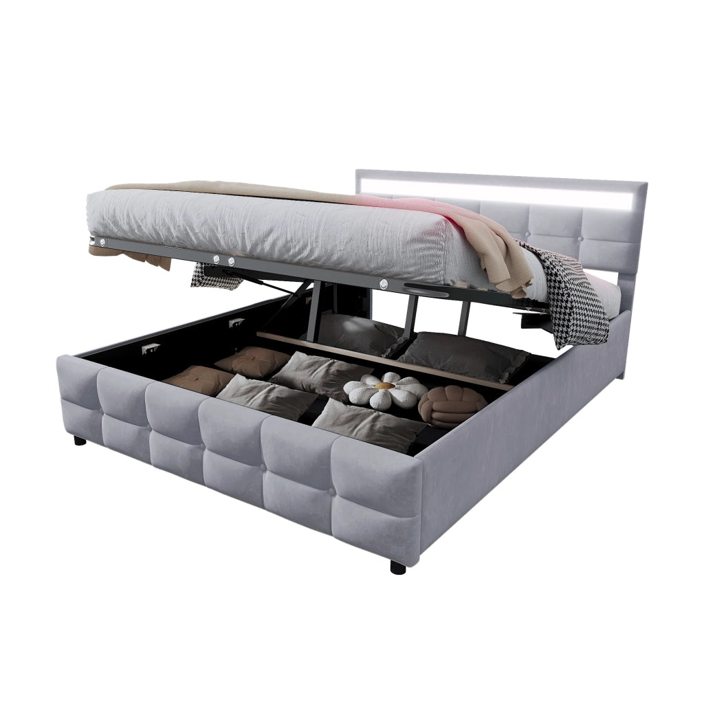 Letti contenitori 180x200 cm con LED e rete a doghe; velluto; grigio