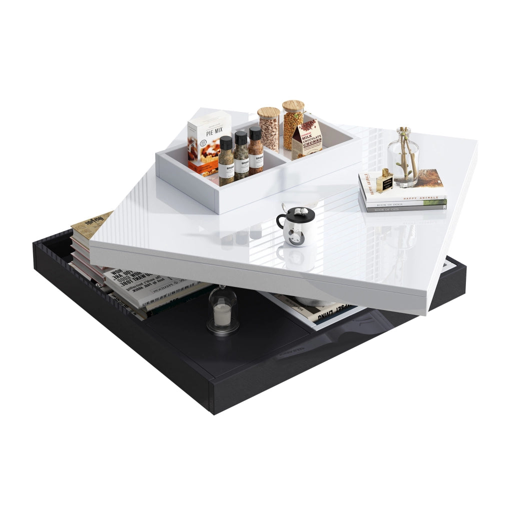 Tavolino da salotto girevole 360° 70x70x36 cm in truciolare bianco e nero; con vano portaoggetti