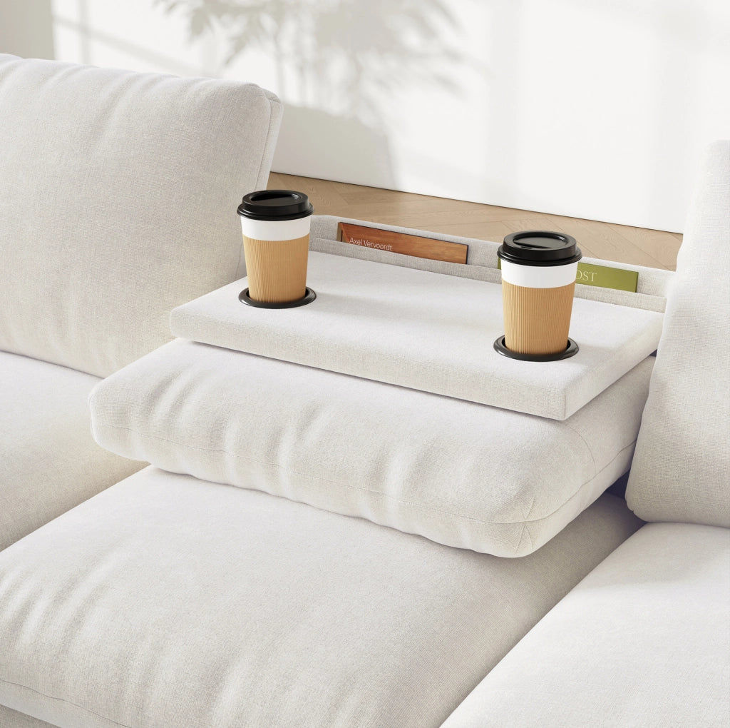 Divano letto angolare L reversibile in ciniglia con contenitore e piano ribaltabile; beige