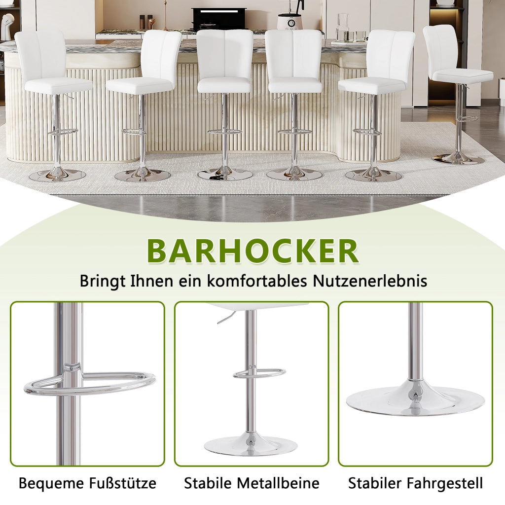 Sgabello da bar girevole a 360 gradi regolabile in altezza set di 2 con poggiapiedi in PU bianco e metallo argento