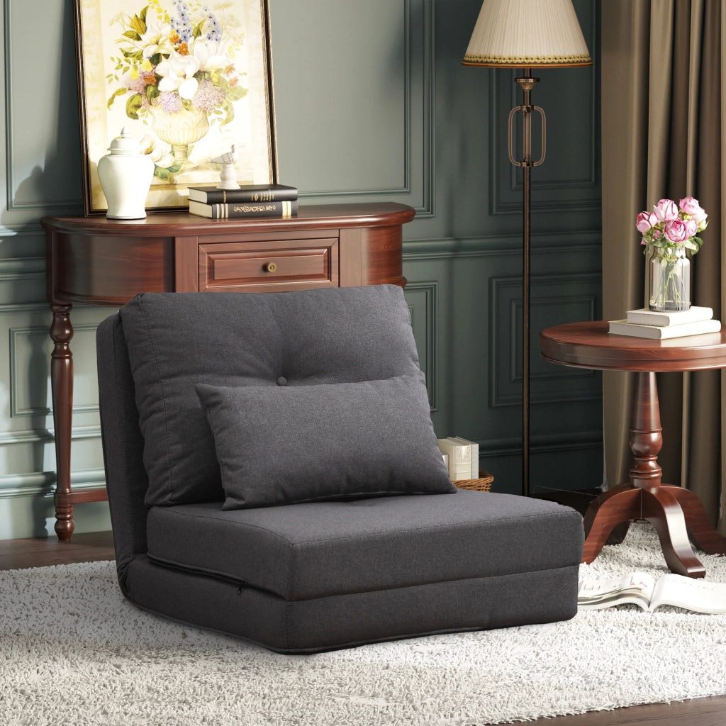 Fauteuil convertible con schienale regolabile e cuscini, struttura in metallo, lino grigio scuro 60 × 80 × 56 cm
