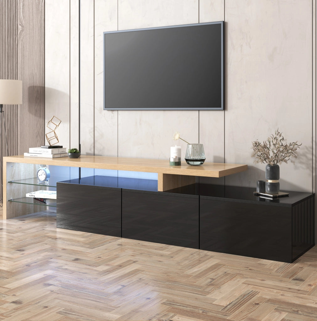 Mobile TV 197;5 cm in MDF e vetro; 3 scomparti; LED a 7 colori con app; nero e legno
