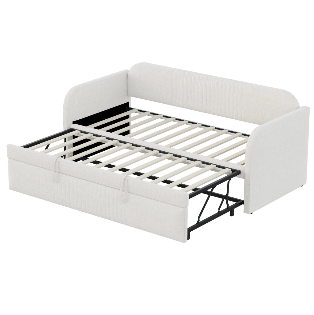 Divano letto imbottito 90x190 cm convertibile in 180x190 cm; rete a doghe; lino beige