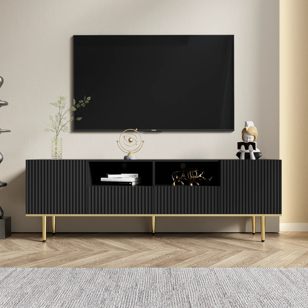 Mobile TV 165x36x55 cm; 2 vani e 2 cassetti con apertura a pressione; pannello truciolare nero e oro