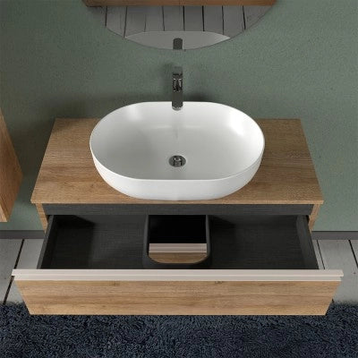 Mobile bagno sospeso 100 cm rovere miele con top e specchio tondo Master