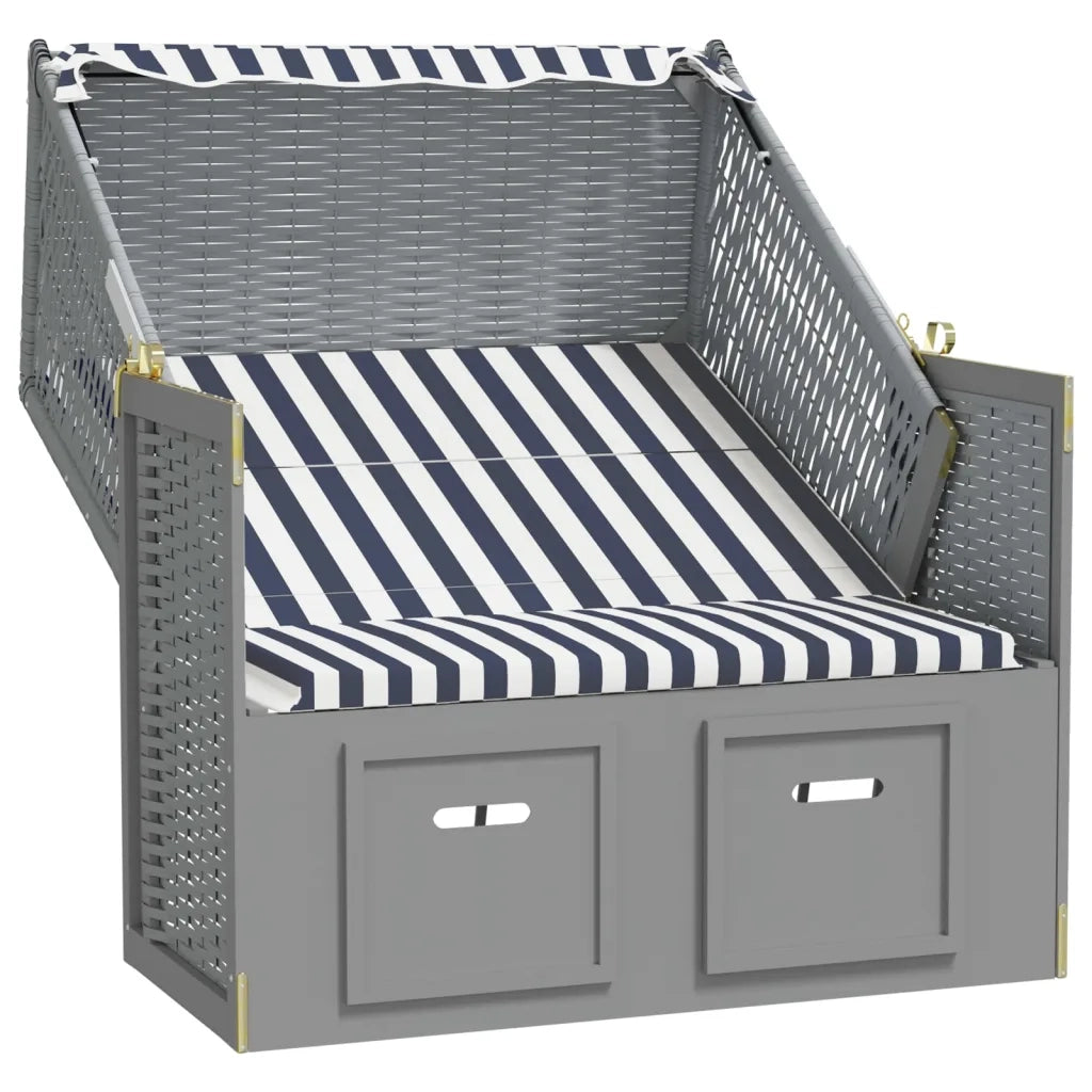 Strandkorb con Tettoia Polyrattan e Legno Massello Blu e Bianco 318651