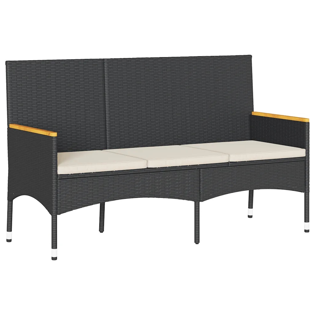 Panca da Giardino a 3 Posti-Sgabello-Panca da esterno con Cuscini Nera in Polyrattan