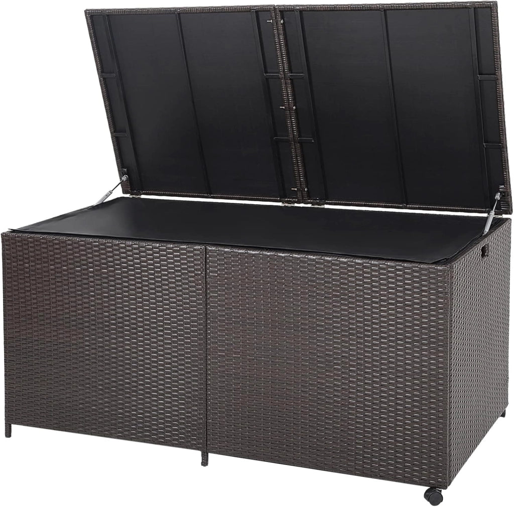 Scatola portaoggetti per esterni, arrotolabile, in polyrattan, con maniglie, contenitore portaoggetti 150 x 77 x 72 cm, impermeabile con coperchio, contenitore con spazio ventilato