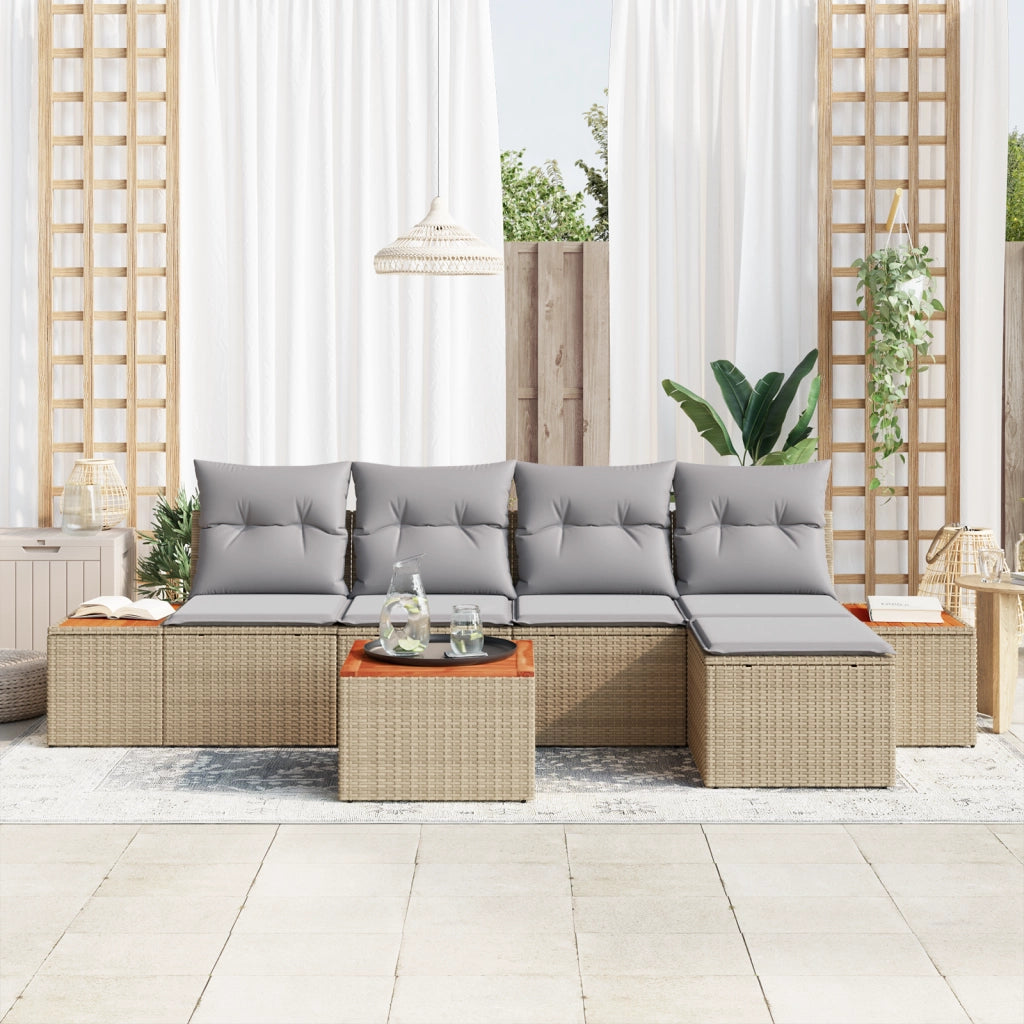 Set di divani da giardino di 6 pezzi con cuscini beige in polirattan acacia