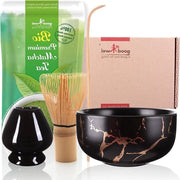 Set di Matcha con Scatola e Ciotola in Design Marocchino Nero con Polvere di Matcha Giapponese