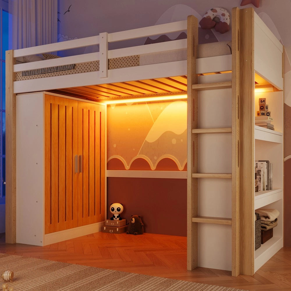 Letto a Soppalco con LED, Armadio e Scaffale ¨C MINIMAL ¨C 90x200 Bianco e Naturale
