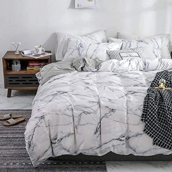 Set di coperte da letto 200 x 220 cm in cotone marmo 3 pezzi 1 coperta da letto + 2 cuscini 80 x 80 cm con chiusura a righello bianco marmo grigio reversibile set di coperte da letto