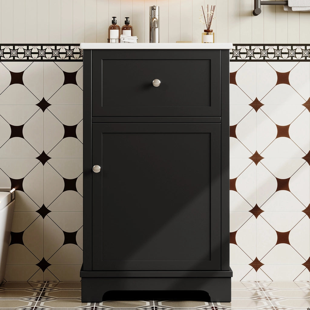 Mobile sottolavabo con lavabo integrato 1 cassetto 1 anta e ripiano regolabile in ceramica e MDF nero 51 × 46 × 87 cm