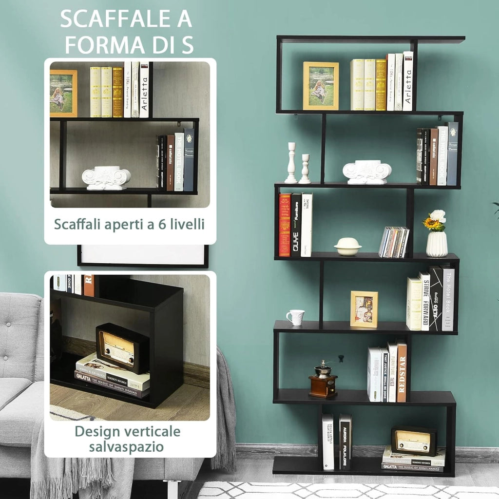 Libreria in Legno Scaffale Multifunzionale a 6 Ripiani per Piante e Libri per Ufficio Casa Ripiano a Forma di S, 80 x 23 x 192 cm (Nero)