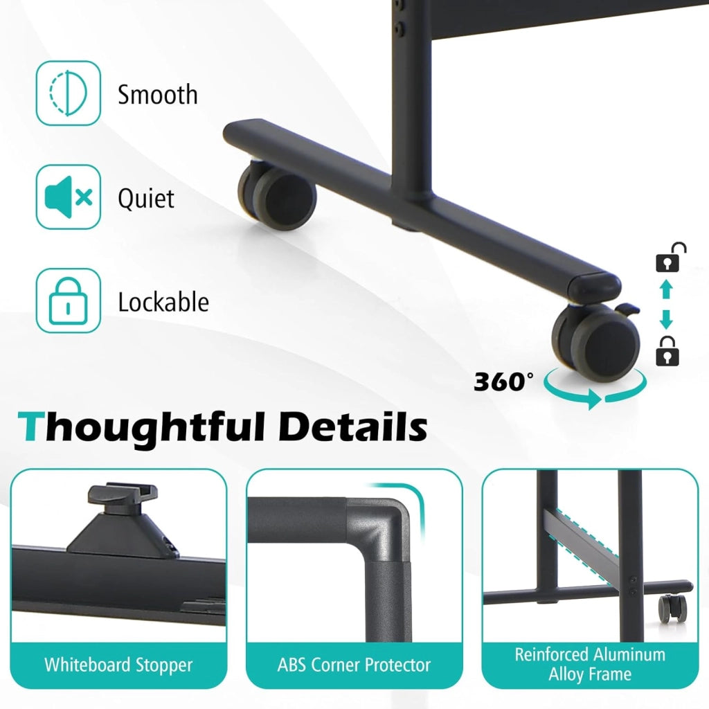 Lavagna bianca mobile double face, 60 x 90 cm, lavagna magnetica su gambe regolabile in 2 altezza, cancellabile a secco, pennarelli neri, cancellatore, magneti (nero, 60 x 100 cm)