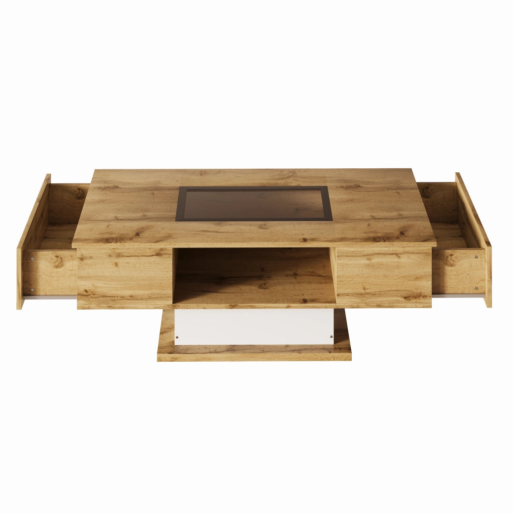 Tavolino da salotto 110.2x60x39.7 cm; 2 cassetti e LED regolabile; pannello truciolare; colore naturale