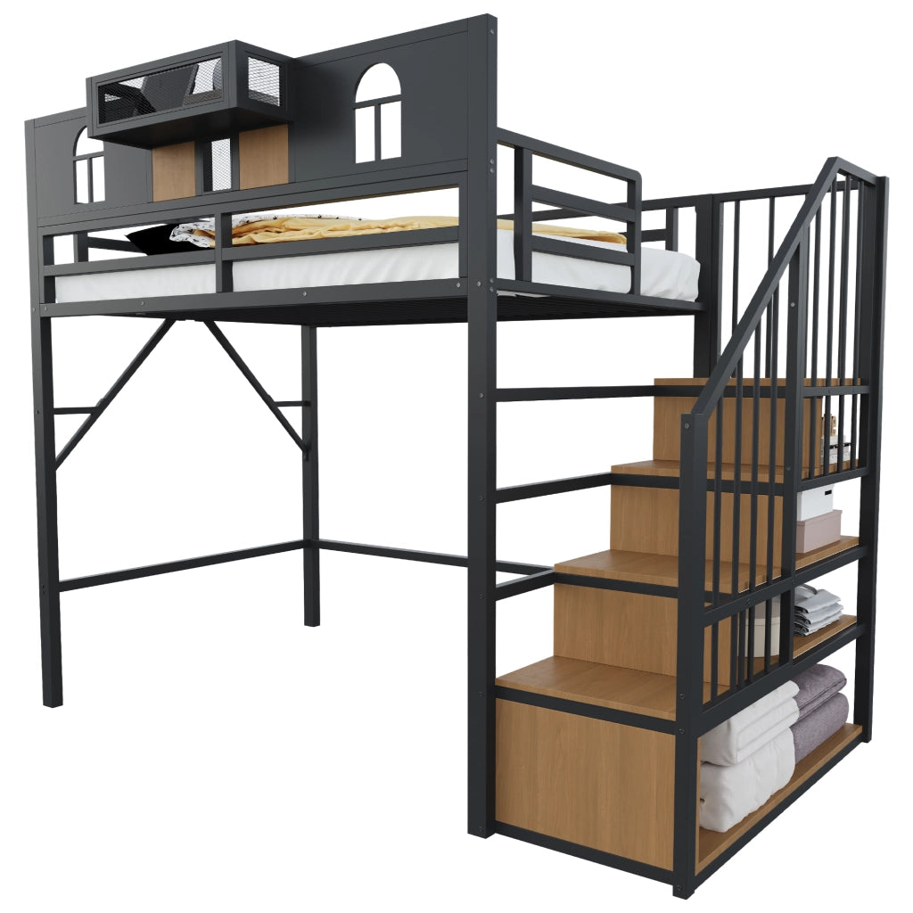 Letto a soppalco in metallo 90 x 200 cm con scala contenitore, mensola, illuminazione e struttura in MDF e metallo, nero