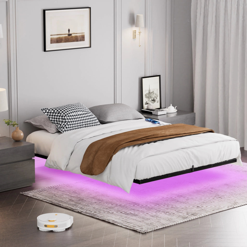Letto flottante in metallo con LED e doghe, 160x200 cm, nero