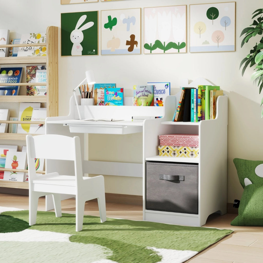 Set scrivania e sedia per bambini con mensole aperte e cassetto in tessuto, Tavolo da studio per bambini Bianco-Tavoli e sedie